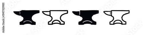 Blacksmith Anvil Icon Set. Forging Tool Vector Illustration. Metalworking Equipment Symbols.