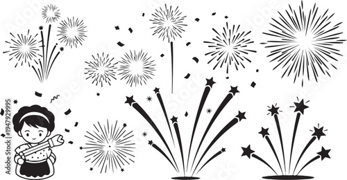 Fireworks Celebration with Cartoon Character and Starry Night Sky