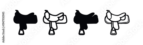 Western Horse Saddle Icons Set. Equestrian Riding Gear Silhouette and Outline Vector Illustration.