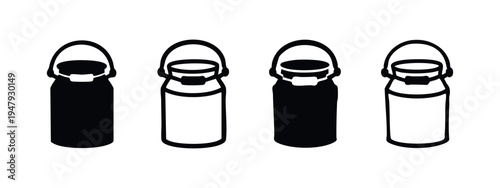 Farm Milk Can Icons Set. Rustic Dairy Container Silhouette and Outline Vector Illustration.