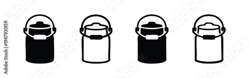 Traditional Milk Can Icons Set. Dairy Container Silhouette and Outline Vector Illustration.