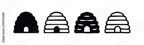 Skep Beehive Icons Set. Traditional Honey Bee Home Silhouette and Outline Vector Illustration.