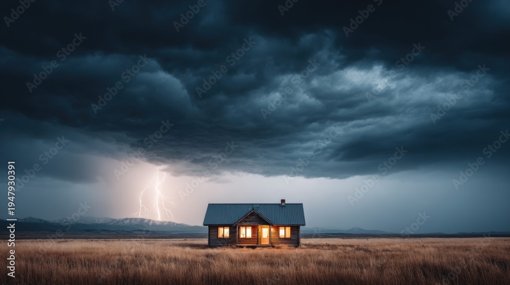 Fototapeta premium Isolated cabin endures a powerful lightning storm over vast, dry grassland landscape