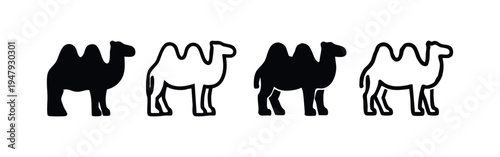 Bactrian Camel Silhouette and Outline Icon Set, Desert Animal Vectors