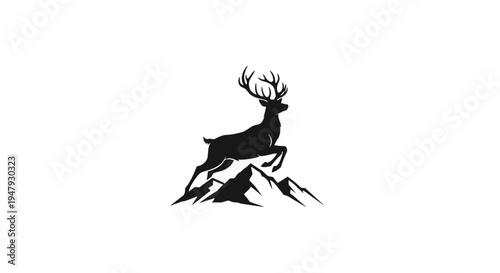 Black silhouette of a majestic leaping deer with large antlers over stylized mountain peaks, symbolizing nature, wildlife, power, and freedom.
