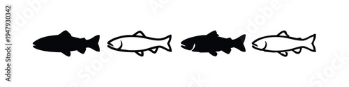 Stylized fish icons set with solid and outline illustrations