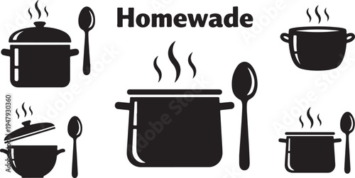 Black silhouettes of cooking pots and utensils on white