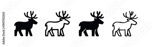 Moose or elk icons with broad antlers in solid and outline vector illustrations