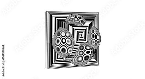 Striking black and white abstract geometric pattern with concentric squares and circles, creating a mesmerizing optical illusion.
