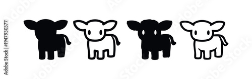 Adorable cartoon cow or calf icons with solid and outline styles