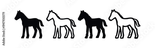 Elegant horse or foal icons in solid and outline vector designs