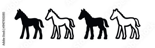 Elegant horse or foal icons in solid and outline vector designs