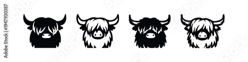 Adorable Yak and Highland Cow Face Icons, Black and White Vector Set