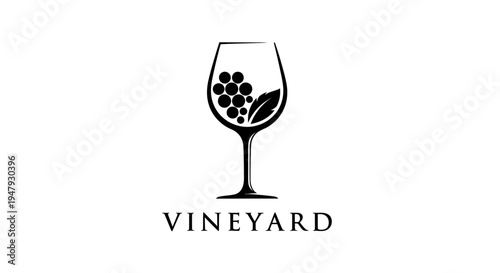 Minimalist wine glass with grapes and leaf icon, elegant black and white graphic for vineyard, winery, and sommelier branding.