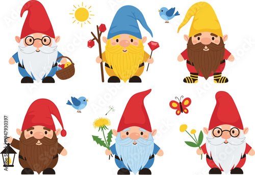 Cute garden gnome characters set, cartoon dwarf illustration with hats, beard, lantern, flowers, birds, fantasy fairytale vector collection