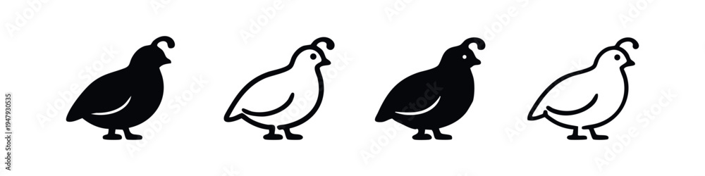 Fototapeta premium Quail Bird Icons Collection in Solid and Outline Versions, Farm Animal Design