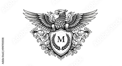 Vintage heraldic griffin emblem illustration with initial M on a decorative shield, ornate mythical creature design, antique style.