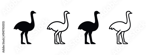 Ostrich and Emu Icons Set in Silhouette and Outline Styles, Wildlife Vector