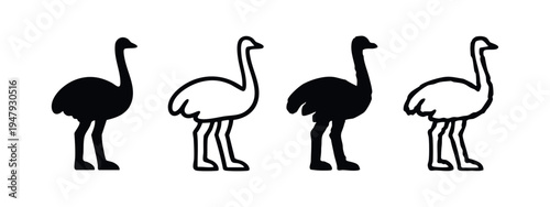 Modern Ostrich and Emu Icons with Varied Textures, Wildlife Silhouette Set