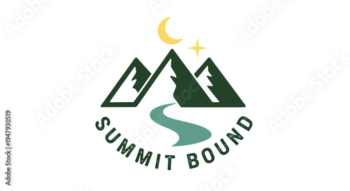 Outdoor adventure mountain landscape emblem with winding river, crescent moon, and stars, symbolizing exploration and nature travel