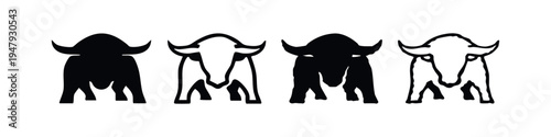 Strong Bull Icons Set with Wide Horns, Front View Animal Silhouettes Collection
