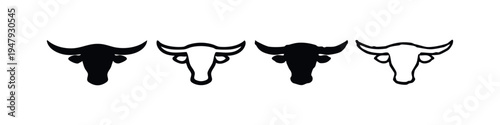 Bull Head Icons Set with Curved Horns, Front View Animal Silhouettes Collection
