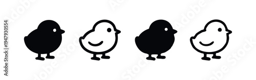 Cute Chick Icons Set in Black and White, Little Bird Silhouettes Collection