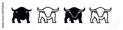 Powerful Bull Icons Set, Front View Animal Silhouettes for Branding
