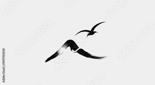 Abstract minimalist black and white illustration of two birds flying. Artistic brushstroke style symbolizing freedom and movement.