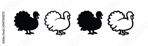 Turkey Bird Icons Set in Black and White, Side View Animal Silhouettes