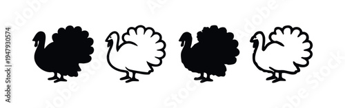 Thanksgiving Turkey Icons Set with Fan Tail, Side View Bird Silhouettes