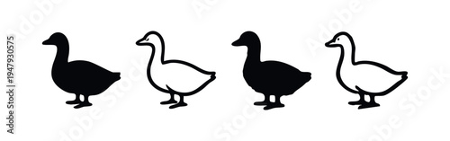 Elegant Goose Icons Set in Black and White, Side View Bird Silhouettes