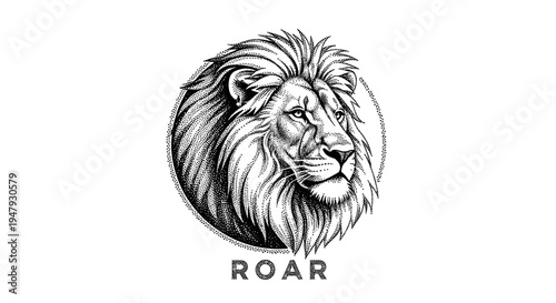 Majestic monochrome lion head illustration in profile, powerful mane, vintage style drawing, symbol of strength and leadership.
