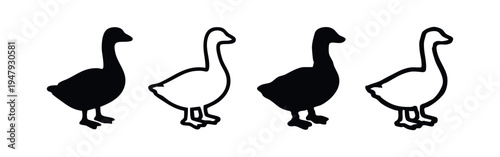 Simple Goose Icons Set in Black and White, Side View Bird Silhouettes