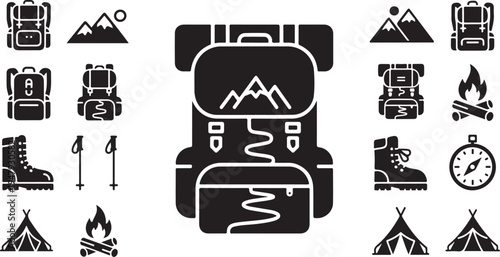 Camping and hiking icons and travel equipment symbols set