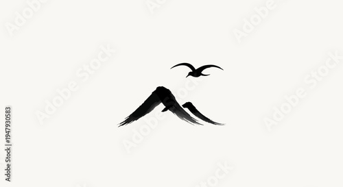 Minimalist Black Ink Wash Painting of Abstract Mountains and Flying Bird. Serene Sumi-e Style Landscape Artwork for Tranquil Concepts.