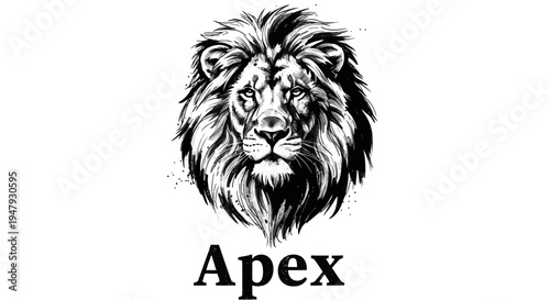 Powerful hand-drawn black and white lion head illustration with a majestic mane, symbolizing strength, leadership, and wild nature.