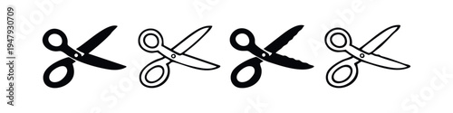 Scissors Icon Set - Vector collection of cutting tools with straight and zigzag blades, solid and outline styles.