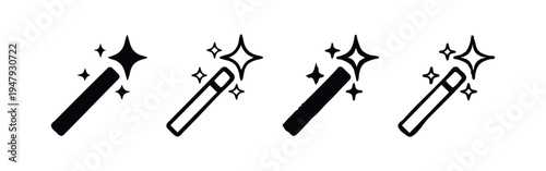 Magic Wand Icons Set with Sparkling Stars. Enchantment, Spell and Fantasy Wizardry Symbols in Different Styles