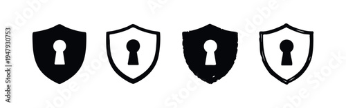 Security Shield Keyhole Icons Set. Hand Drawn Protection and Privacy Symbol Vector. Digital Lock and Safe Sign.