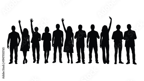 A group of people standing together with some raising their hands