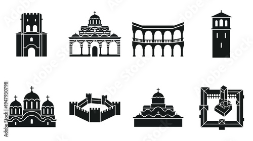 Prague Landmarks Vector Icon Set – Czech Republic Cityscape Vectors Featuring Powder Tower, St. Nicholas Church, Charles Bridge, Old Town Hall, Prague Castle, and Strahov Monastery