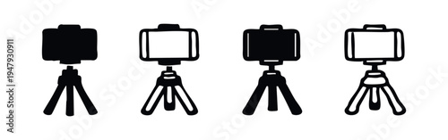 Smartphone on Tripod Icons Set, Mobile Photography Stand and Video Filming Gear