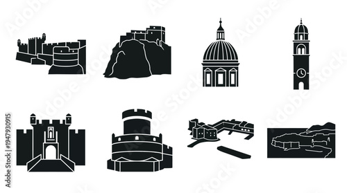 Dubrovnik Landmarks Vector Icon Set – Croatia Cityscape Vectors Featuring City Walls, Fort Lovrijenac, Rector’s Palace, Bell Tower, Cathedral Dome, Pile Gate, and Old Town Panorama
