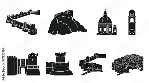 Dubrovnik Landmarks Vector Icon Set – Croatia Cityscape Vectors Featuring City Walls, Fort Lovrijenac, Rector’s Palace, Bell Tower, Cathedral Dome, Pile Gate, and Old Town Panorama