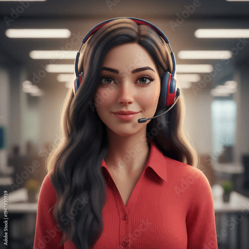 A friendly and professional AI-generated woman wearing a headset with a microphone, ready to provide excellent customer support in a modern office environment.