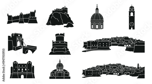 Dubrovnik Landmarks Vector Icon Set – Croatia Cityscape Vectors Featuring City Walls, Fort Lovrijenac, Rector’s Palace, Bell Tower, Cathedral Dome, Pile Gate, and Old Town Panorama