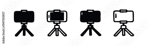 Mobile Phone Holder on Tripod Icons for Video Recording and Photography Equipment