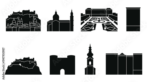 Salzburg Landmarks Vector Icon Set – Austria Cityscape Vectors Featuring Hohensalzburg Fortress, Salzburg Cathedral, Mirabell Palace, Old Town Houses, City Gate, Church Tower, and Historic Squares