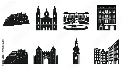 Salzburg Landmarks Vector Icon Set – Austria Cityscape Vectors Featuring Hohensalzburg Fortress, Salzburg Cathedral, Mirabell Palace, Old Town Houses, City Gate, Church Tower, and Historic Squares